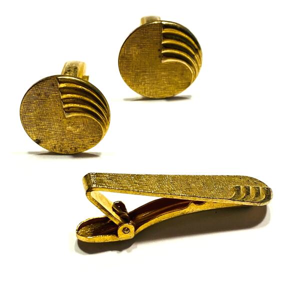 Vintage Mid Century Men’s jewelry Set Cufflinks & Matching Tie Bar Gold Rounds - Picture 2 of 8